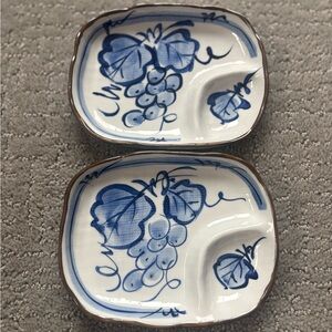 Lot of 2 Japanese Grape Porcelain Sushi Plate 2 Slots w/ Soy Sauce Compartment